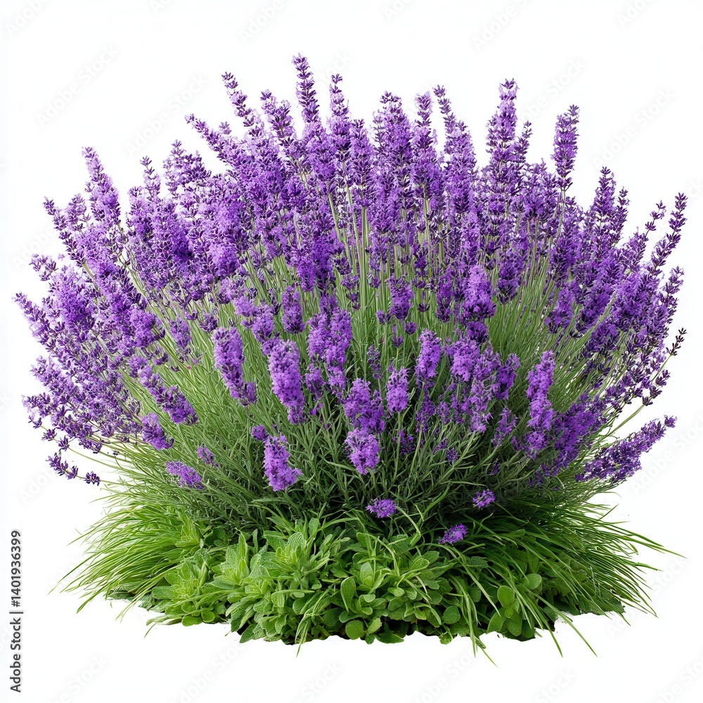 Obraz premium Lavender plant with purple flowers and green leaves isolated on white background