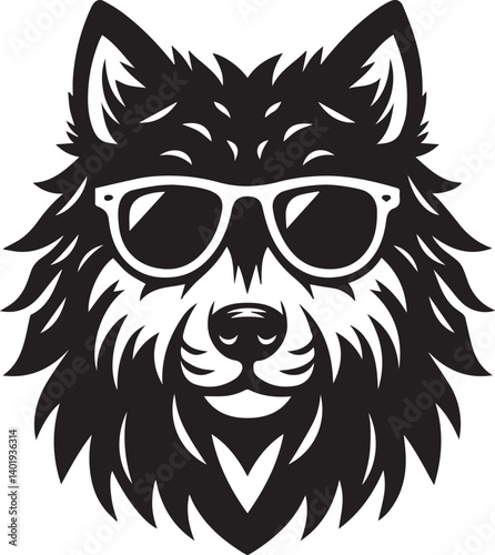 wolf head and sunglass vector illustration, wolf head and sunglass silhouette vector, wolf logo vector black on white background