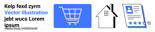 Blue shopping cart icon, black house outline, and profile card with four-star rating. Ideal for e-commerce, real estate, customer reviews, user ratings, online services, digital platforms simple