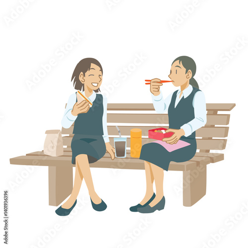 ベンチでランチを食べる女性達