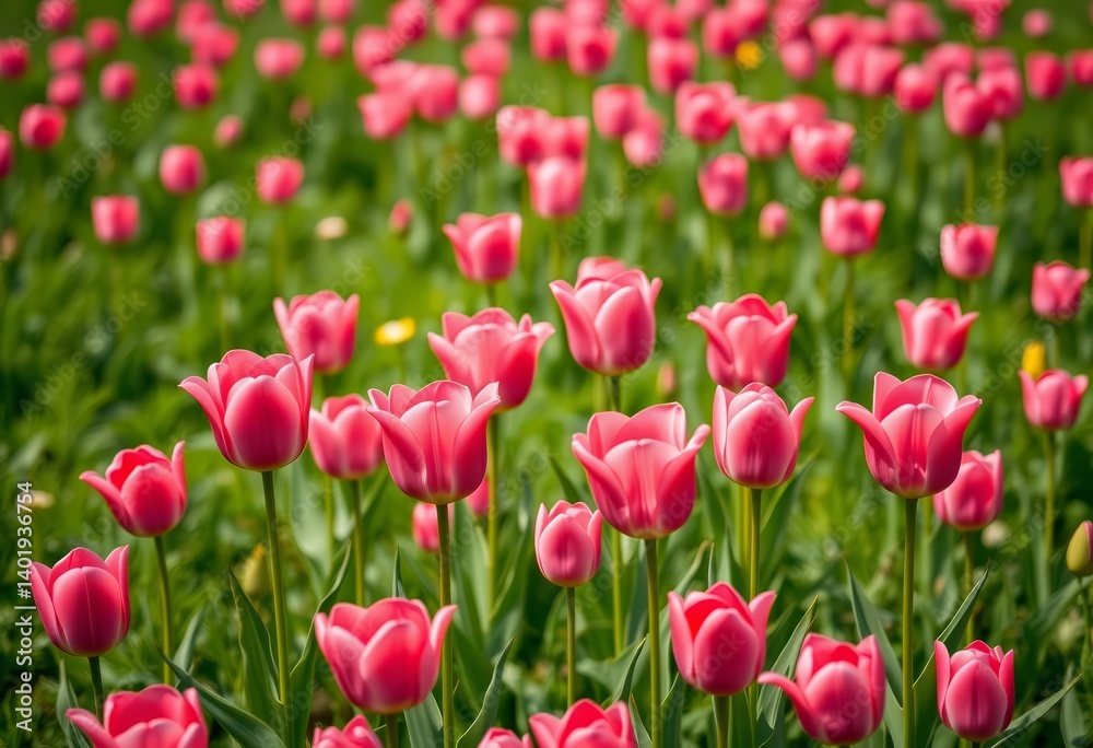 Fototapeta premium Vertical shot of vibrant pink tulips blooming in a lush spring meadow, field, vibrant