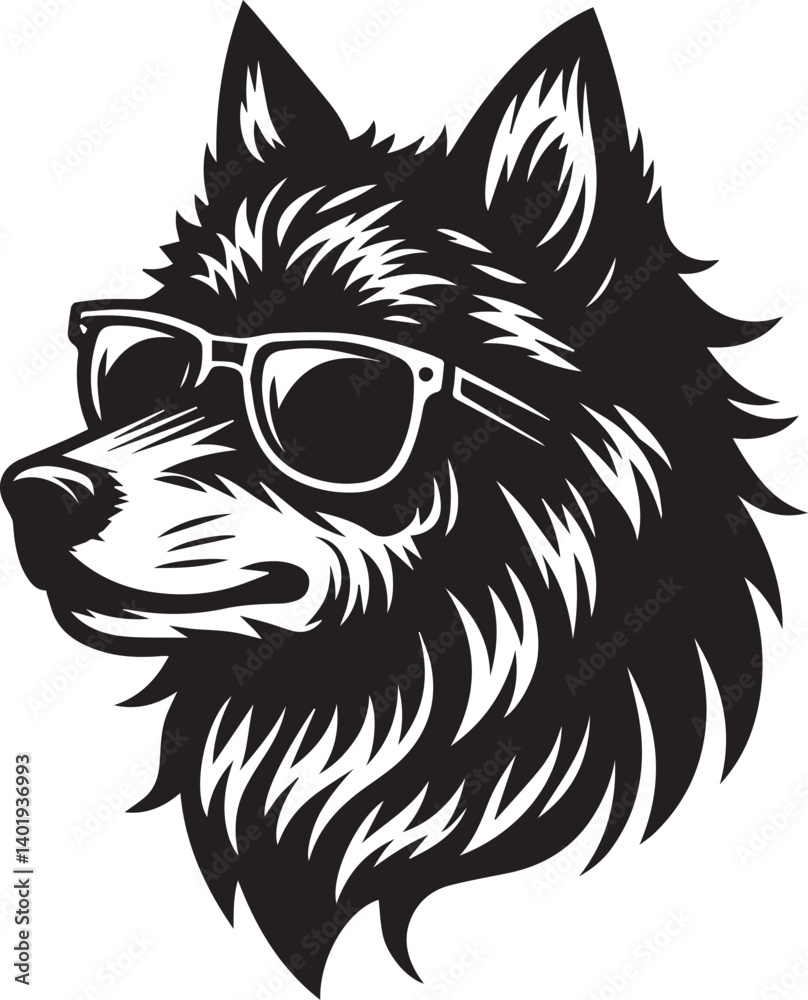 Obraz premium wolf head and sunglass vector illustration, wolf head and sunglass silhouette vector, wolf logo vector black on white background