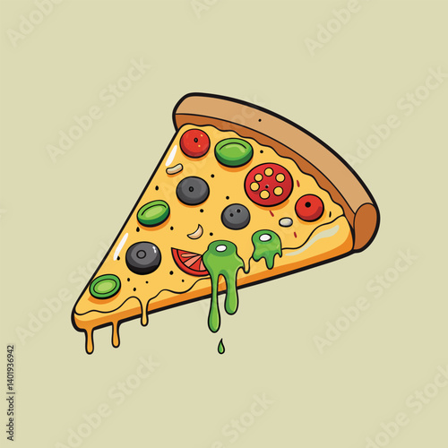 A detailed illustration of a slice of pepperoni pizza with melting cheese, Pizza slice sign, Flat vector illustration