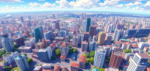 Vibrant anime-style city panorama from above; flat design, vivid colors, aesthetic, towers