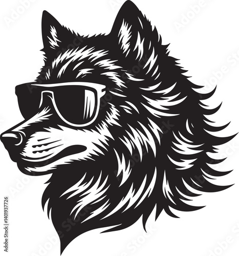 wolf head and sunglass vector illustration, wolf head and sunglass silhouette vector, wolf logo vector black on white background