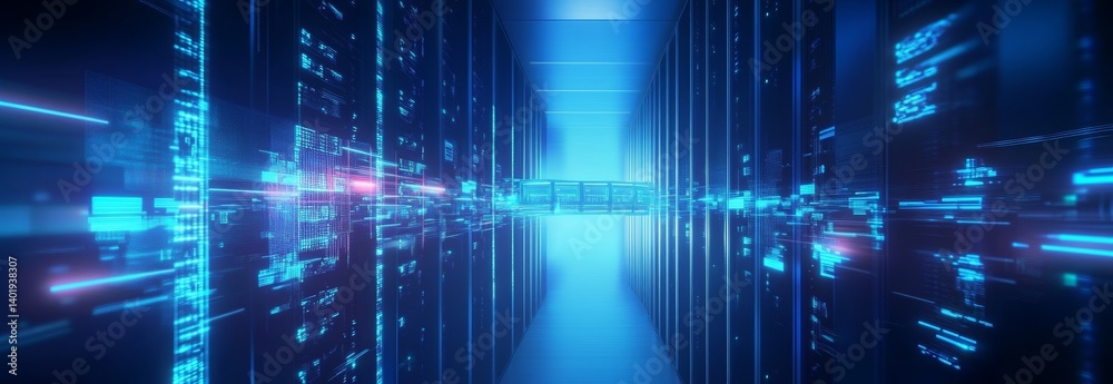 Abstract Digital Background with Glowing Data Center in Blue, Cybersecurity and Technology Concept