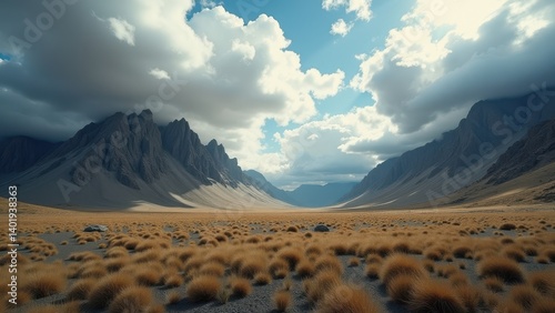Remote mountain valley with dry grass and rugged cliffs under cloudy sky	