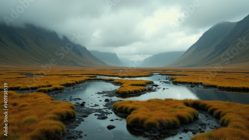 Meandering stream through mossy alpine meadow under cloudy misty sky	