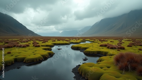 Meandering stream through mossy alpine meadow under cloudy misty sky	