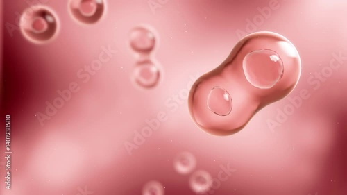 Stem cells dividing under the microscope. Cell division or cloning cells. Cloning closeup. Mitosis in process.3d Animation,Blue background. photo
