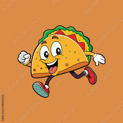 taco Mexican food retro cartoon character mascot illustration with walking pose, Food Stickers. smiling taco