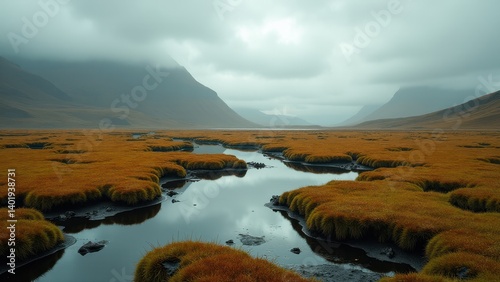 Meandering stream through mossy alpine meadow under cloudy misty sky	