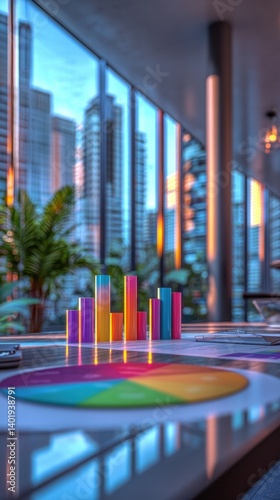 Colorful bar and pie charts sit on a modern glass table showcasing business data analysis in a city office.