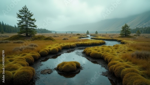 Meandering stream through mossy alpine meadow under cloudy misty sky	