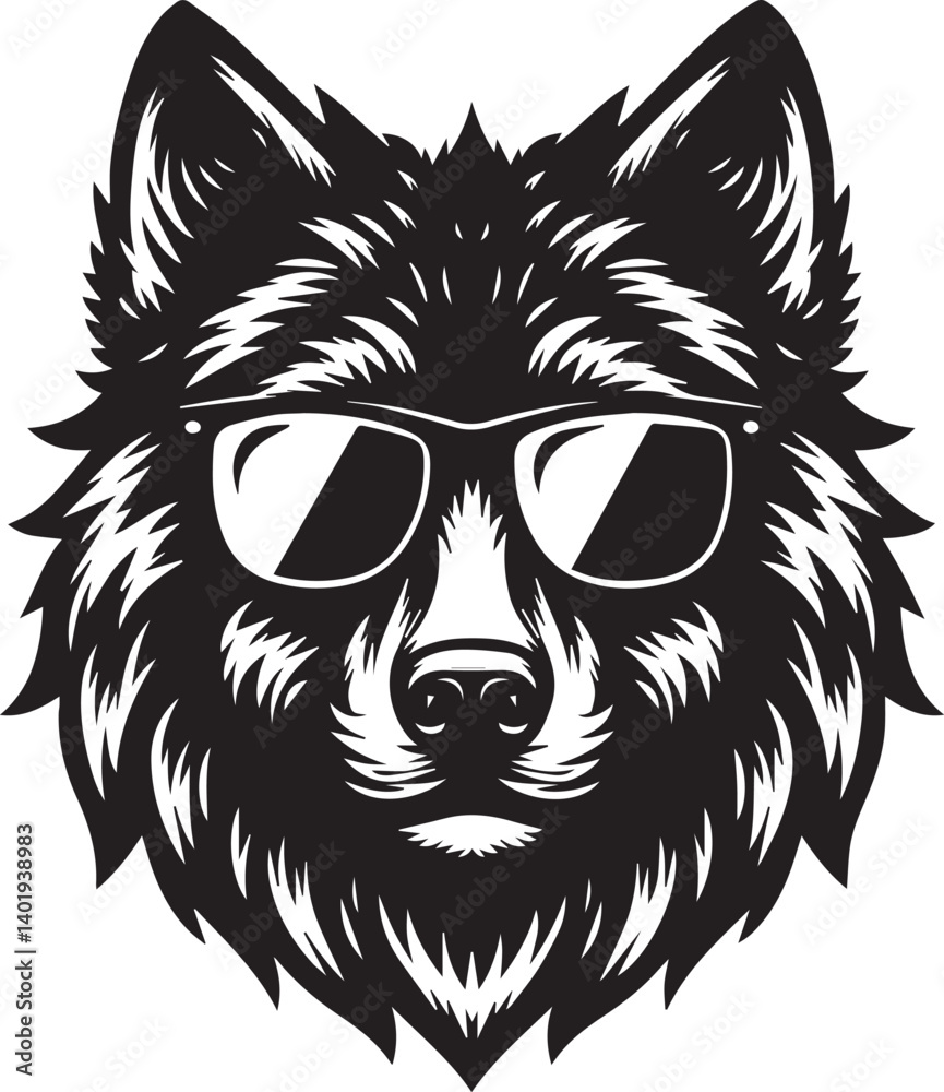 Obraz premium wolf head and sunglass vector illustration, wolf head and sunglass silhouette vector, wolf logo vector black on white background