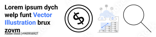 Dollar sign circle, cloud server with data charts, magnifying glass. Ideal for finance, data, analytics, search, cloud computing, technology abstract line flat metaphor