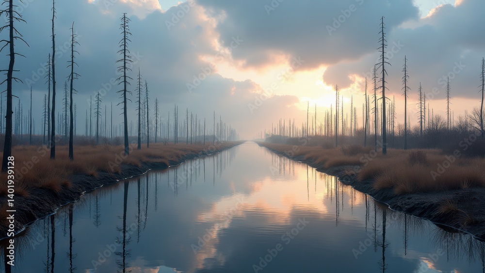 Still water in forest wetland with dead trees and dramatic sunrise clouds Still water in forest wetland with dead trees and dramatic sunrise clouds