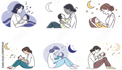 Flat Illustration of Family Bonding Moments with Mom, Dad, and Children.