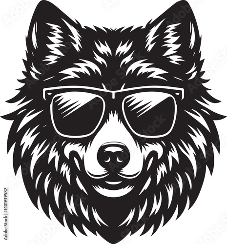 wolf head and sunglass vector illustration, wolf head and sunglass silhouette vector, wolf logo vector black on white background