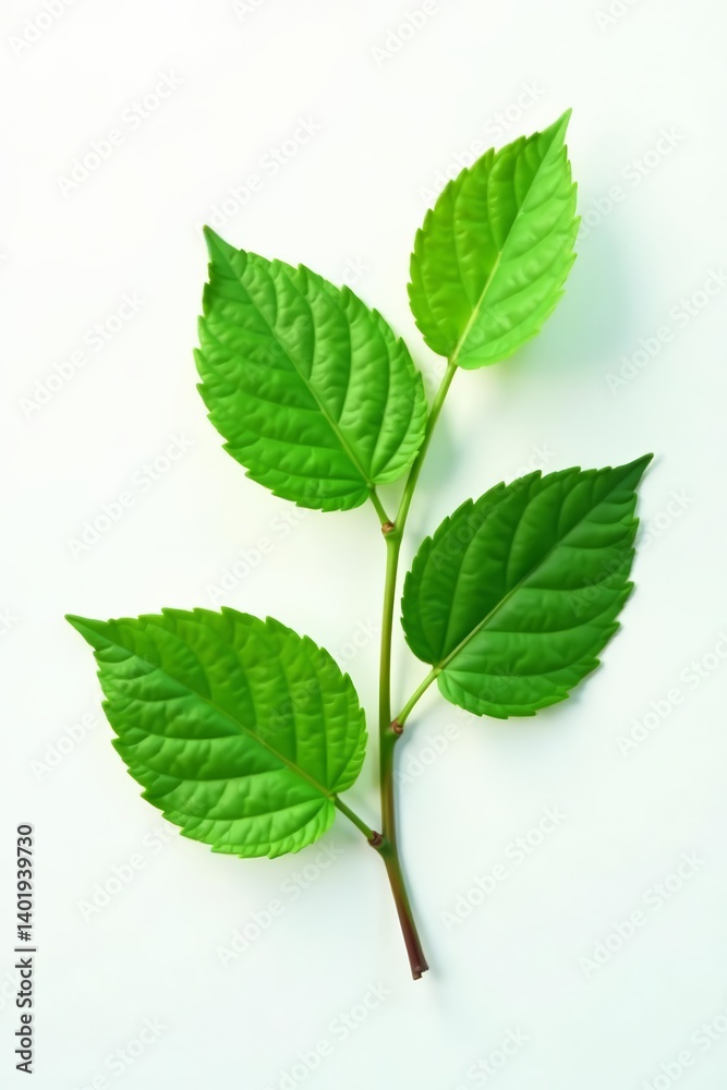 Fresh green leaves on a white background with a single branch, isolated, foliage Fresh green leaves on a white background with a single branch, isolated, foliage