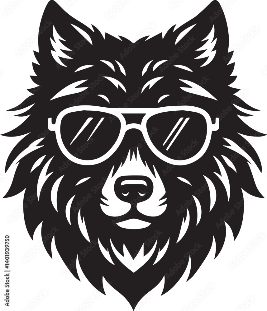 Obraz premium wolf head and sunglass vector illustration, wolf head and sunglass silhouette vector, wolf logo vector black on white background