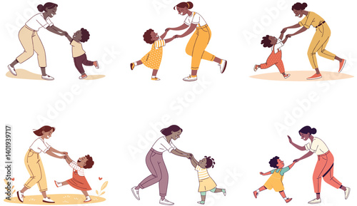 Flat Illustration of Family Bonding Moments with Mom, Dad, and Children.
