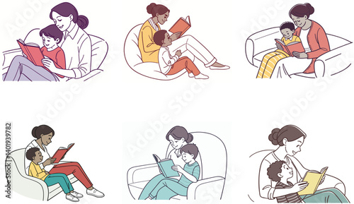 Flat Illustration of Family Bonding Moments with Mom, Dad, and Children.