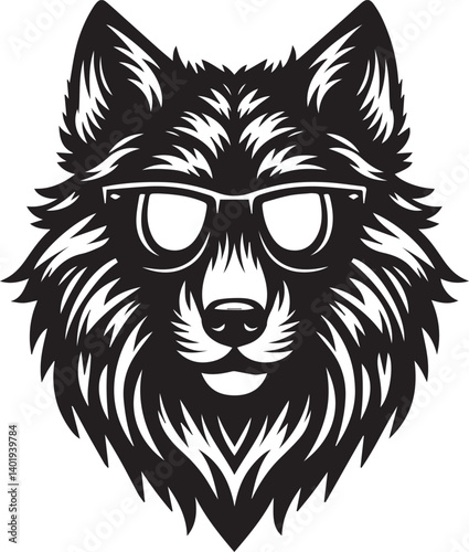 wolf head and sunglass vector illustration, wolf head and sunglass silhouette vector, wolf logo vector black on white background