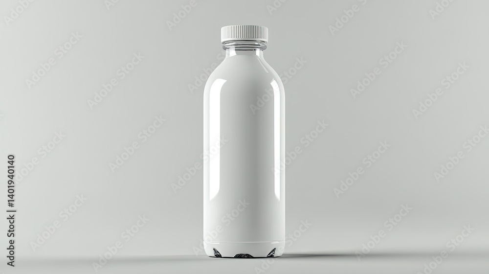 Cylindrical White Plastic Bottle with Glossy Finish and White Cap on a Smooth Gray Background – A Minimalistic and Versatile Packaging Design Cylindrical White Plastic Bottle with Glossy Finish and White Cap on a Smooth Gray Background – A Minimalistic and Versatile Packaging Design