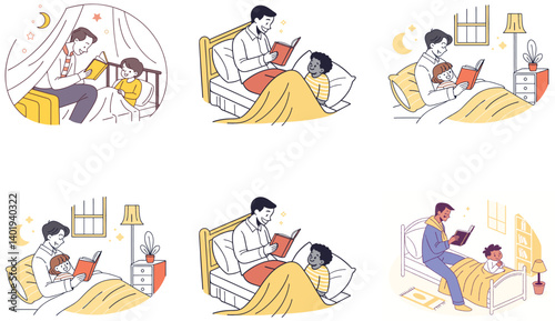 Flat Illustration of Family Bonding Moments with Mom, Dad, and Children.