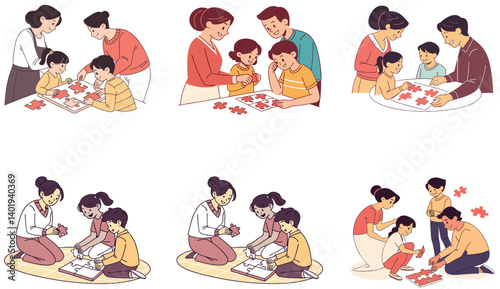 Flat Illustration of Family Bonding Moments with Mom, Dad, and Children.