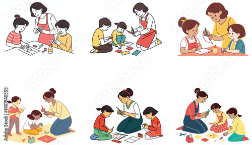 Flat Illustration of Family Bonding Moments with Mom, Dad, and Children.