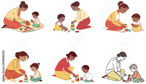 Flat Illustration of Family Bonding Moments with Mom, Dad, and Children.
