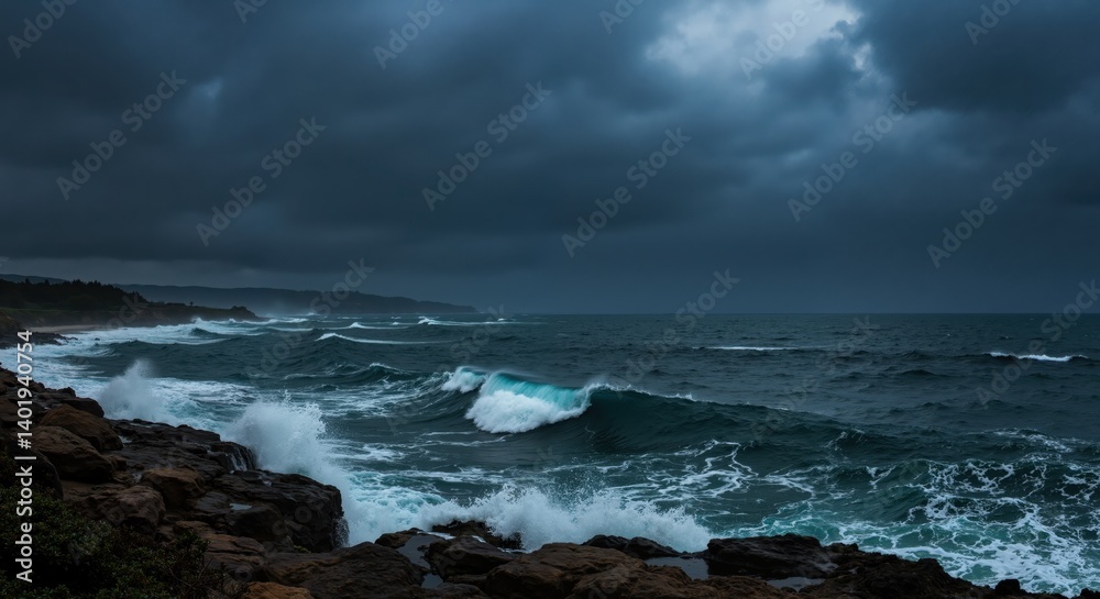 Dark Stormy Ocean Waves Crashing Against Rocky Shoreline Dark Stormy Ocean Waves Crashing Against Rocky Shoreline