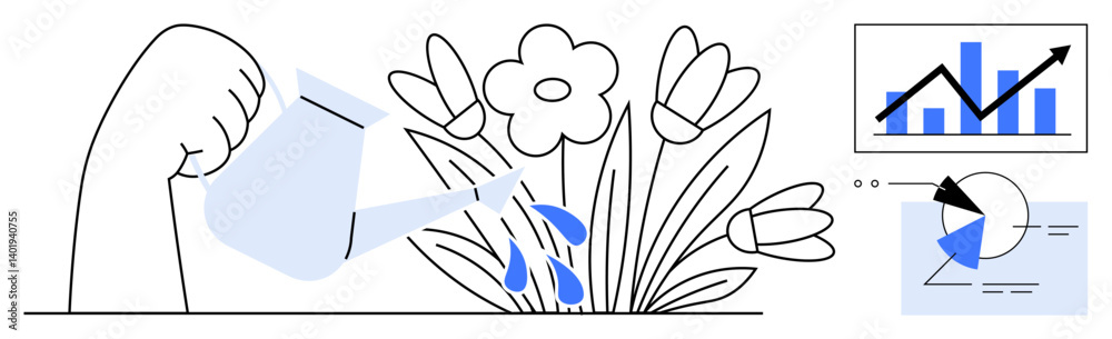 Fototapeta premium Hand pouring water onto blooming flowers next to analytics graphs. Ideal for growth, success, data, development, analysis, nurturing, and sustainability concepts. Flat simple metaphor