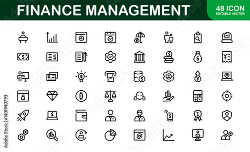Modern Finance Management Icon Set Vector Illustration. Featuring Essential Symbols for Budgeting, Investments, and Financial Planning for Professional Designs. photo