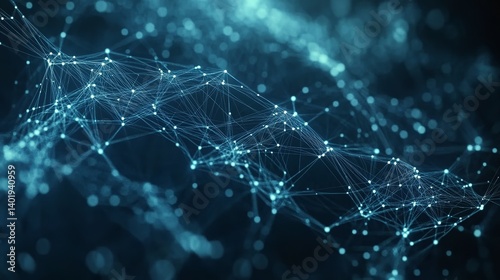 Abstract Futuristic Technology Background with Blue Dots and Lines Forming Neural Network Waves on Dark Low-Poly Wireframe Design