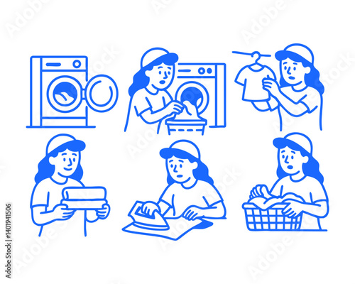 laundry washing clothes activity doodle cartoon drawing vector illustration set with Varied Poses and Expressions
