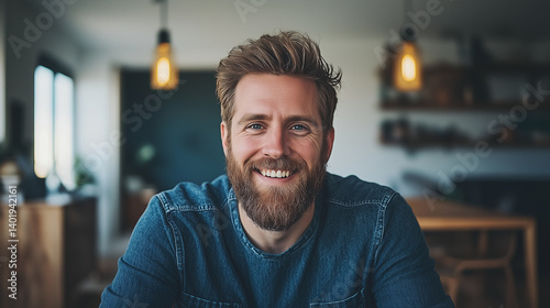 Close-up portrait photograph of a smiling man with a beard. He is wearing a blue shirt. The background is softly blurred, showing a glimpse of a home interior with wooden furniture and warm lighting.