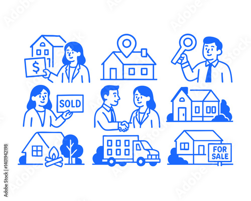 property agent sales doodle cartoon drawing vector illustration set with Varied Poses and Expressions

