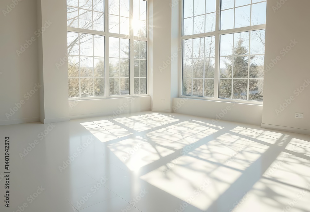 Fototapeta premium Sunlight casts dancing, dappled shadows on a white floor through a large window, pattern, light and shadow