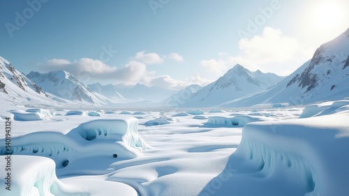 Snow covered mountain valley with winding river under cold winter light	