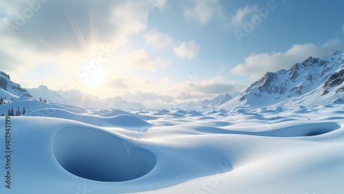 Snow covered mountain valley with winding river under cold winter light	