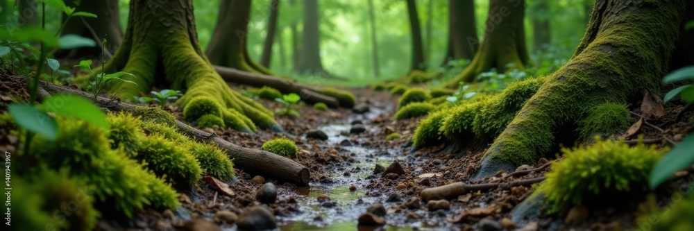 Muddy forest floor with moss and ferns, decayed tree trunks , moss, forest Muddy forest floor with moss and ferns, decayed tree trunks , moss, forest