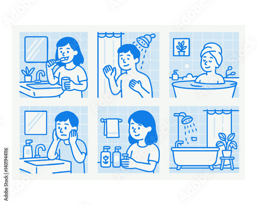 bathroom activity doodle cartoon drawing vector illustration set with Varied Poses and Expressions
