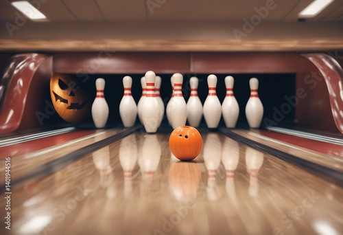 halloween illustration strike bowling 3d bowl three-dimensional hit skittle row ball spare success symbol score group object succeed rendering sport background striped white fun hobby leisure game