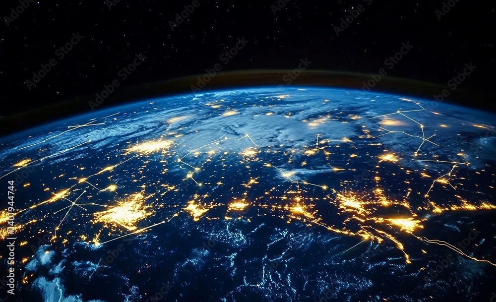 Obraz premium Earth from Space with Glowing City Lights and Global Network Connections, Symbolizing Global Connectivity