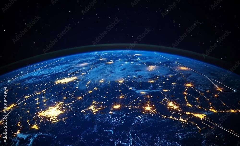 Obraz premium Earth from Space with Glowing City Lights and Global Network Connections, Symbolizing Global Connectivity