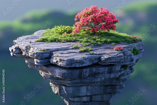 Rocky outcrop crowned with pink flowers and grass, distant greenery