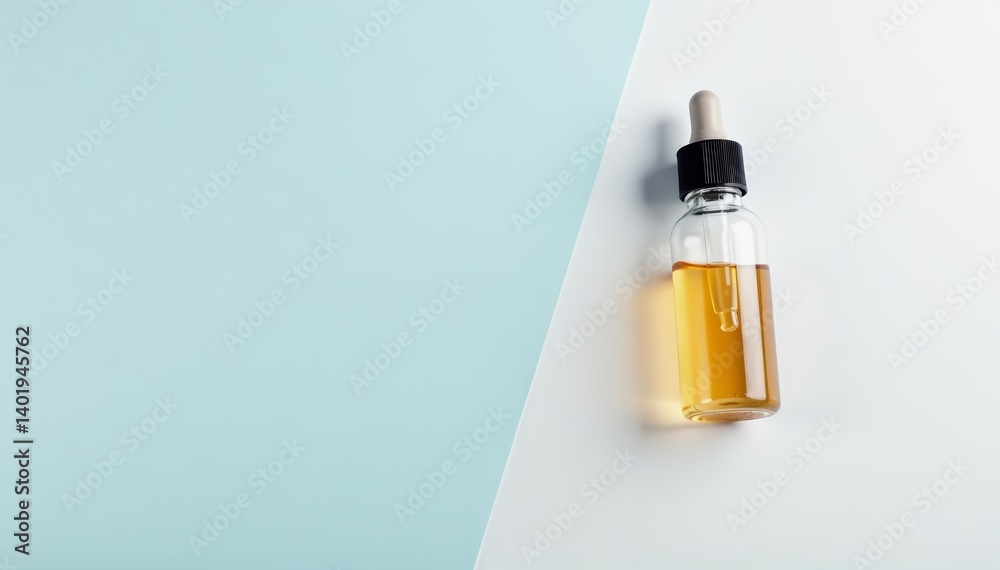 Top view of glass dropper bottle with pipette beside black lid on white surface, essential oils, serum Top view of glass dropper bottle with pipette beside black lid on white surface, essential oils, serum
